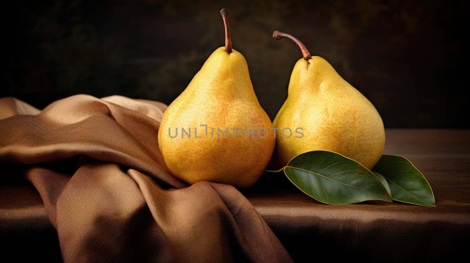 Fresh ripe organic yellow pears with water drops on rustic wooden board by natali_brill