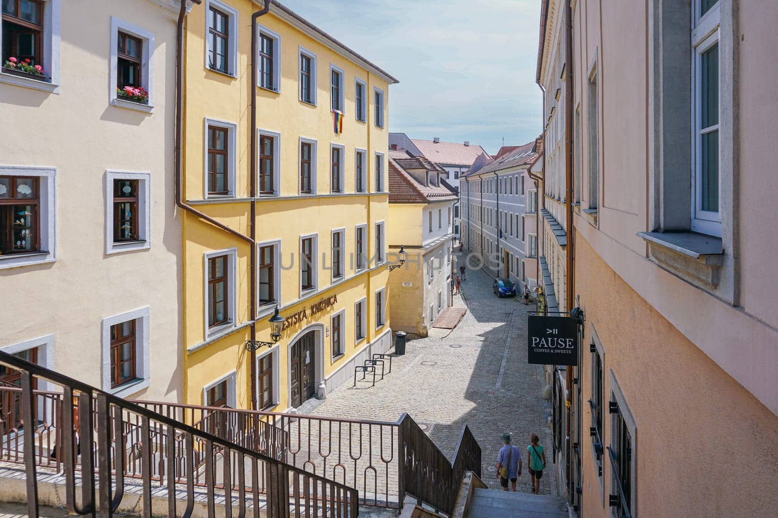 Bratislava, Slovakia, August 25, 2023: View from the stairs to Klariska street in the old town in summer