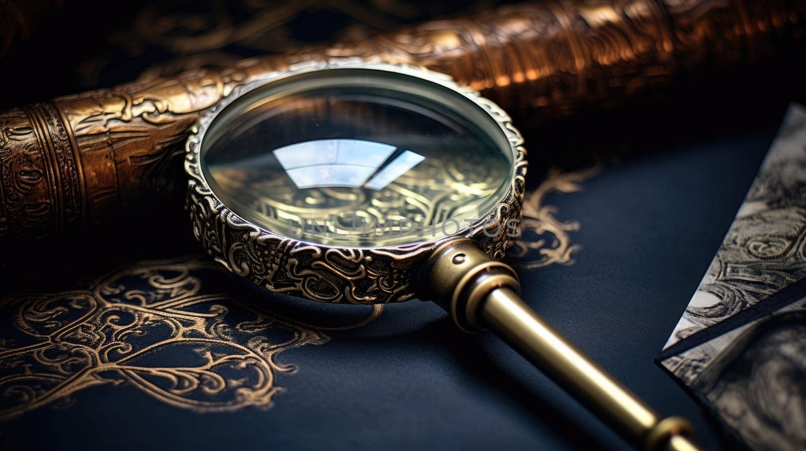 Antique vintage magnifying glass on dark blue background. Detective magnifying glass with metal handle AI