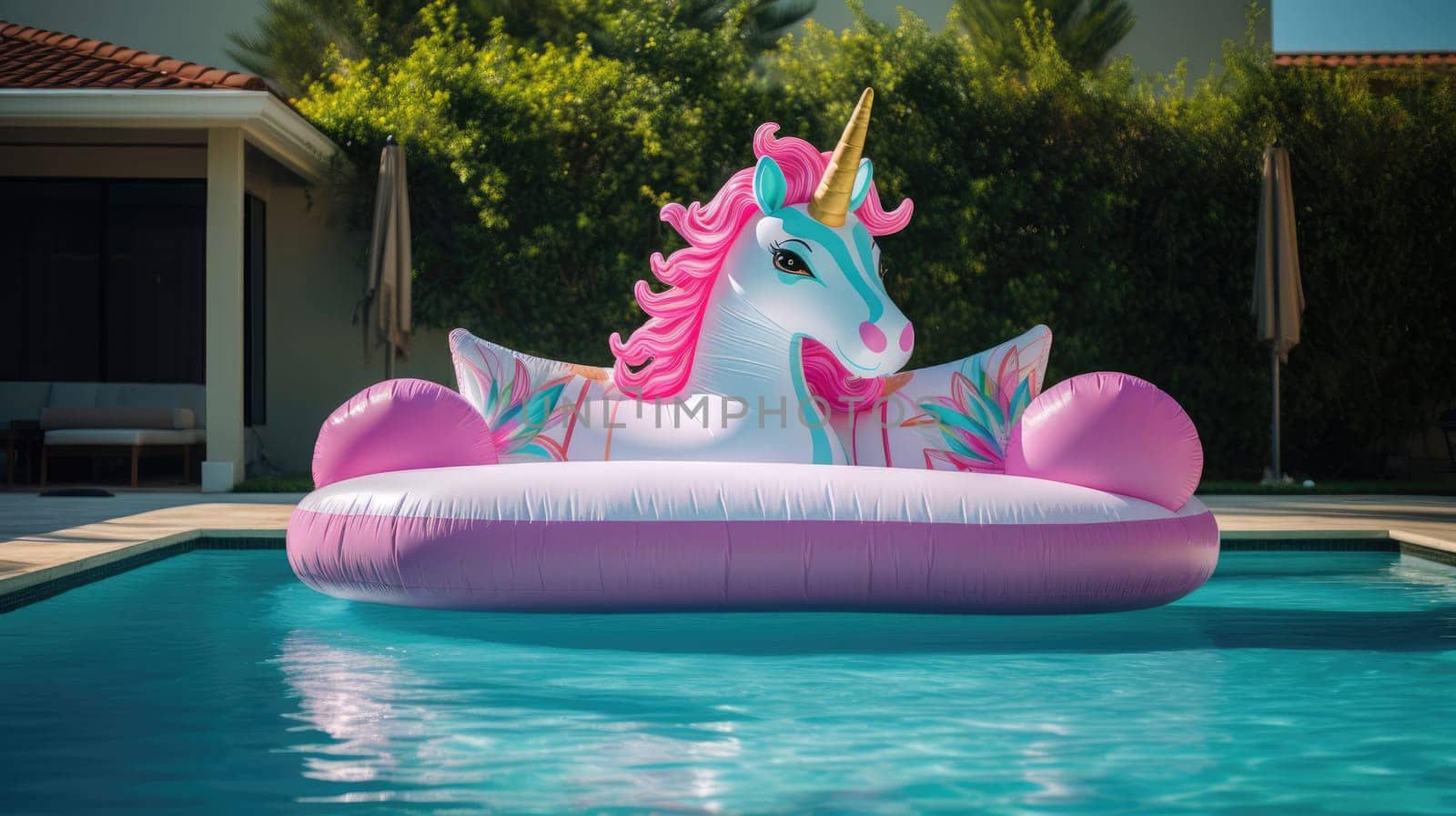 An inflatable mattress in the shape of unicorn on the surface of the pool. Summer AI