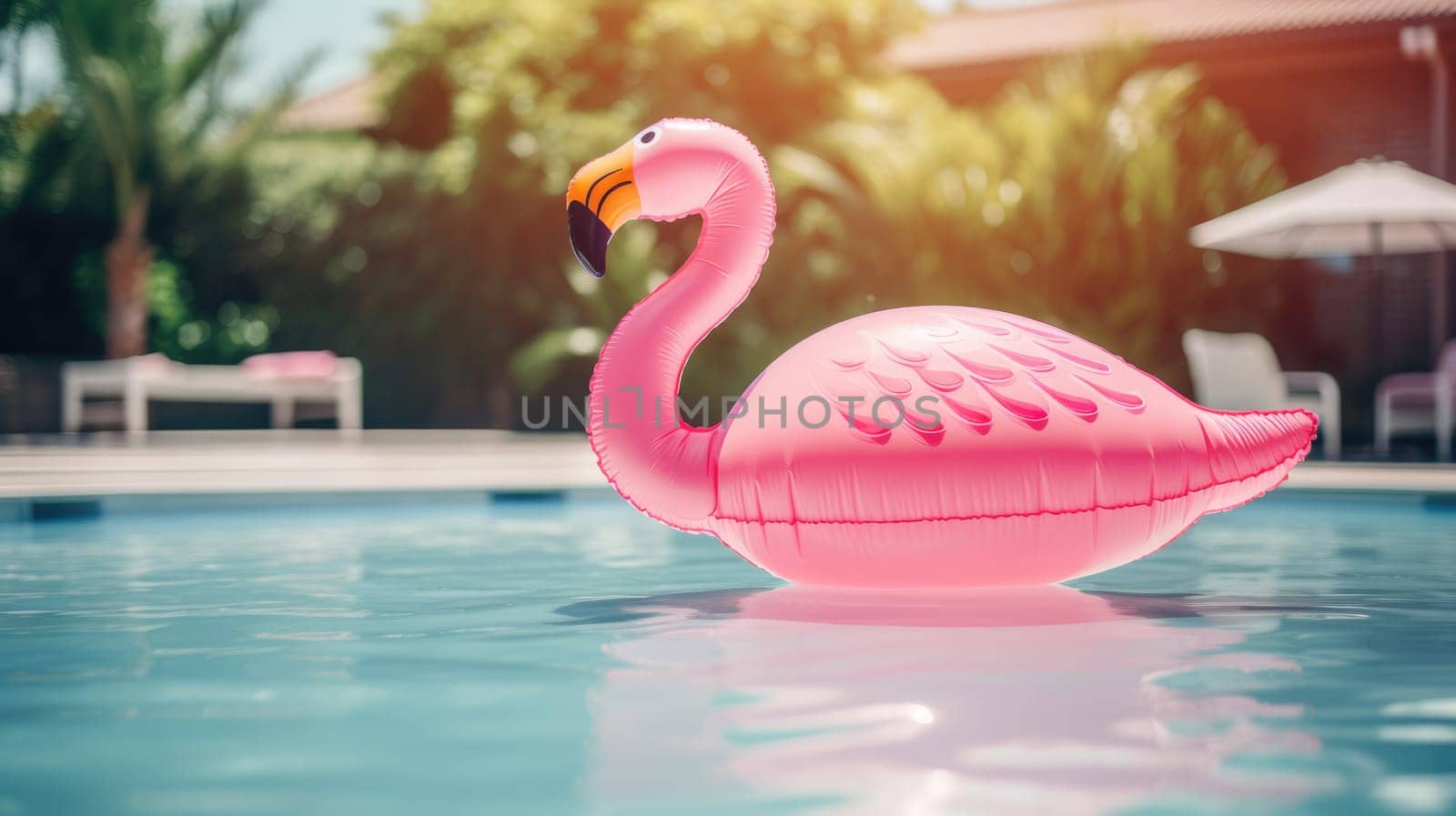 An inflatable pink flamingo on the surface of the pool. Summer by natali_brill