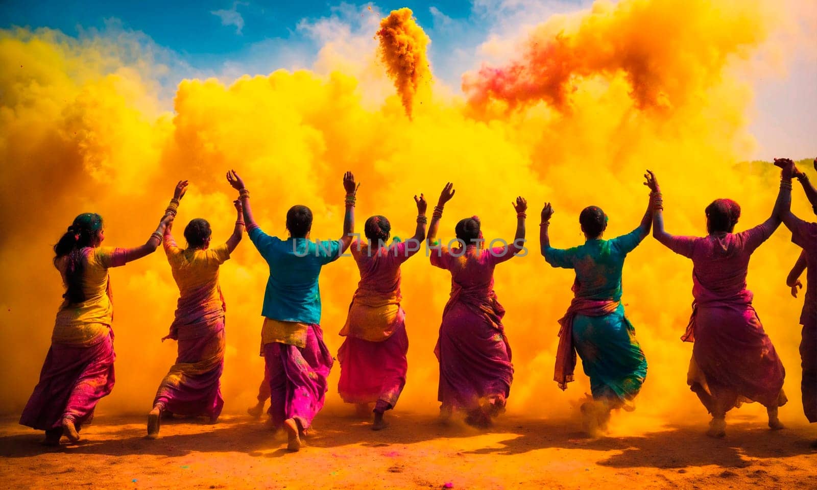 people in india dance during holi festival. Selective focus. by yanadjana