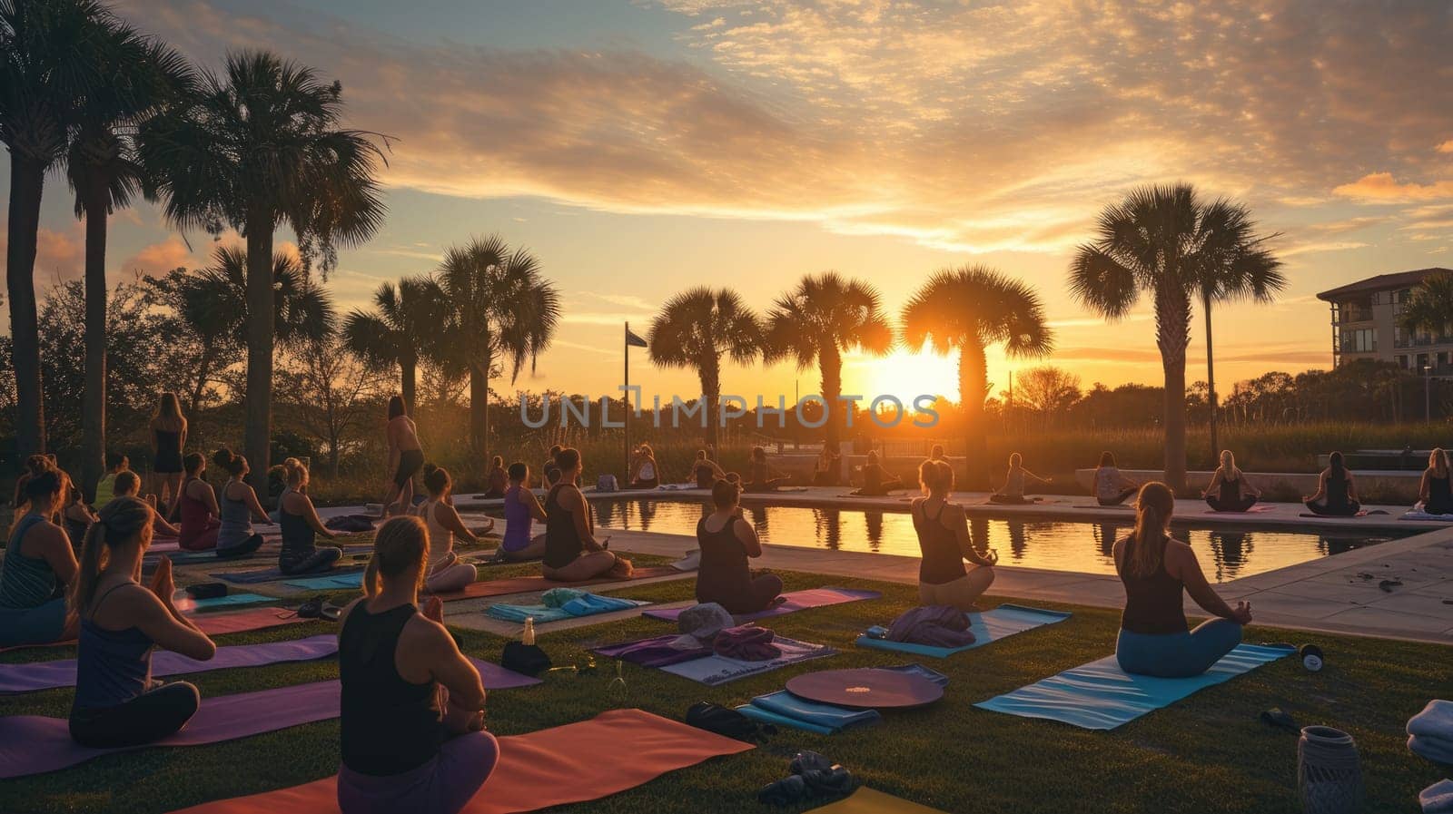 A serene yoga class at sunrise, participants in a tranquil outdoor setting, symbolizing peace and mindfulness. Resplendent.