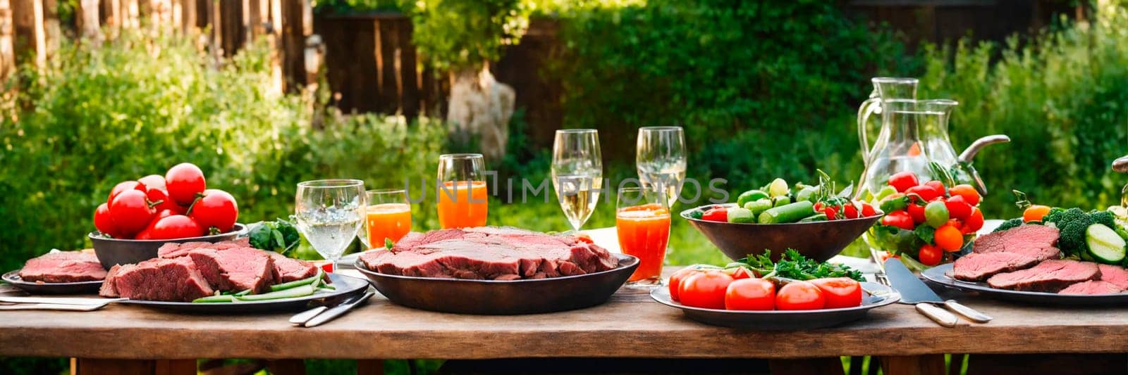 table with food in the yard. Selective focus. food.