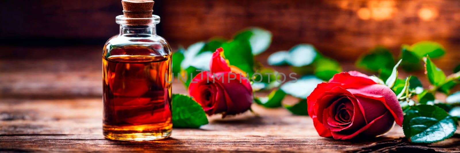 rose essential oil in a bottle. Selective focus. by yanadjana