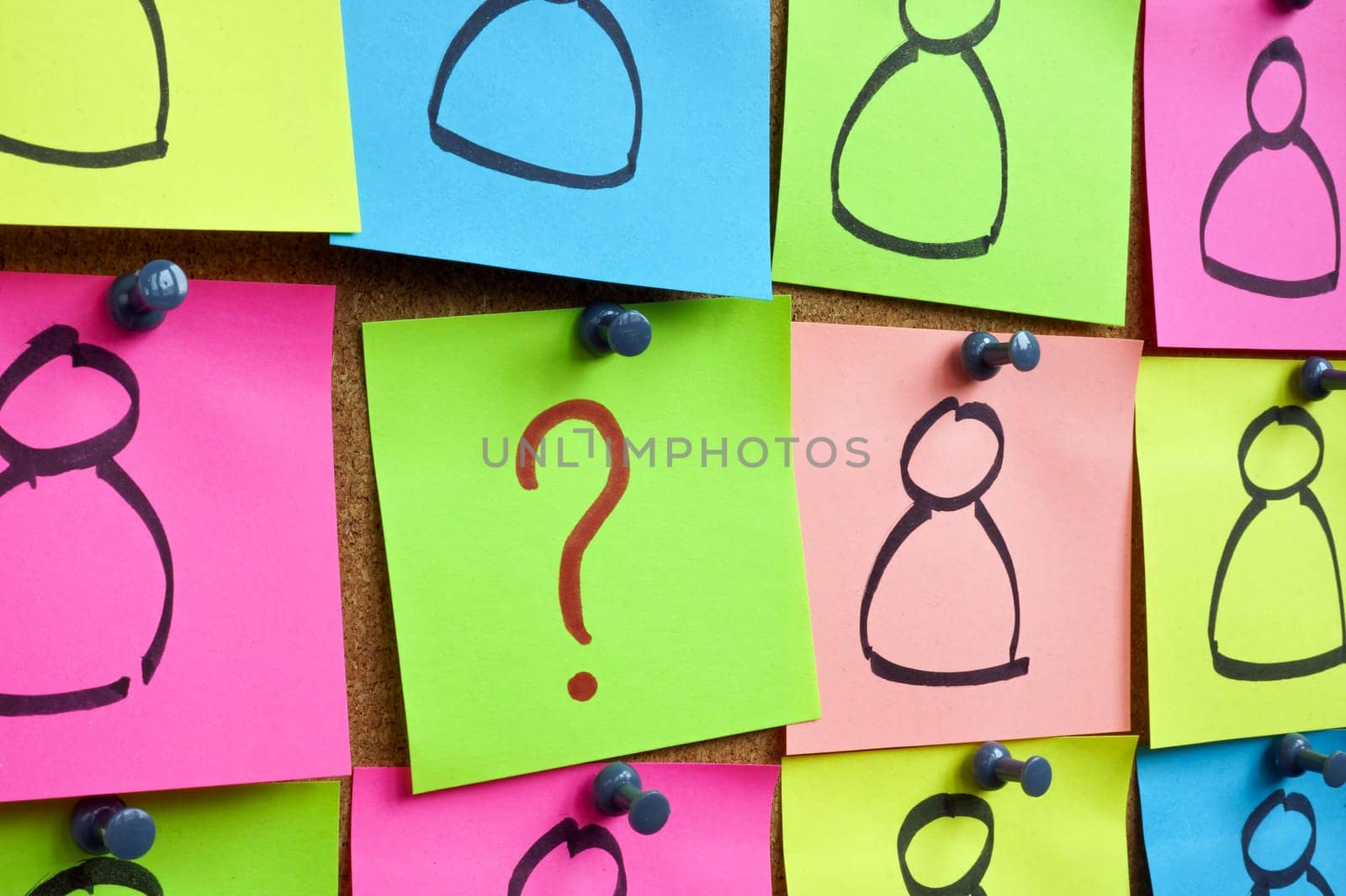 Buyer marketing research. Pinned colored stickers and a question mark. by designer491