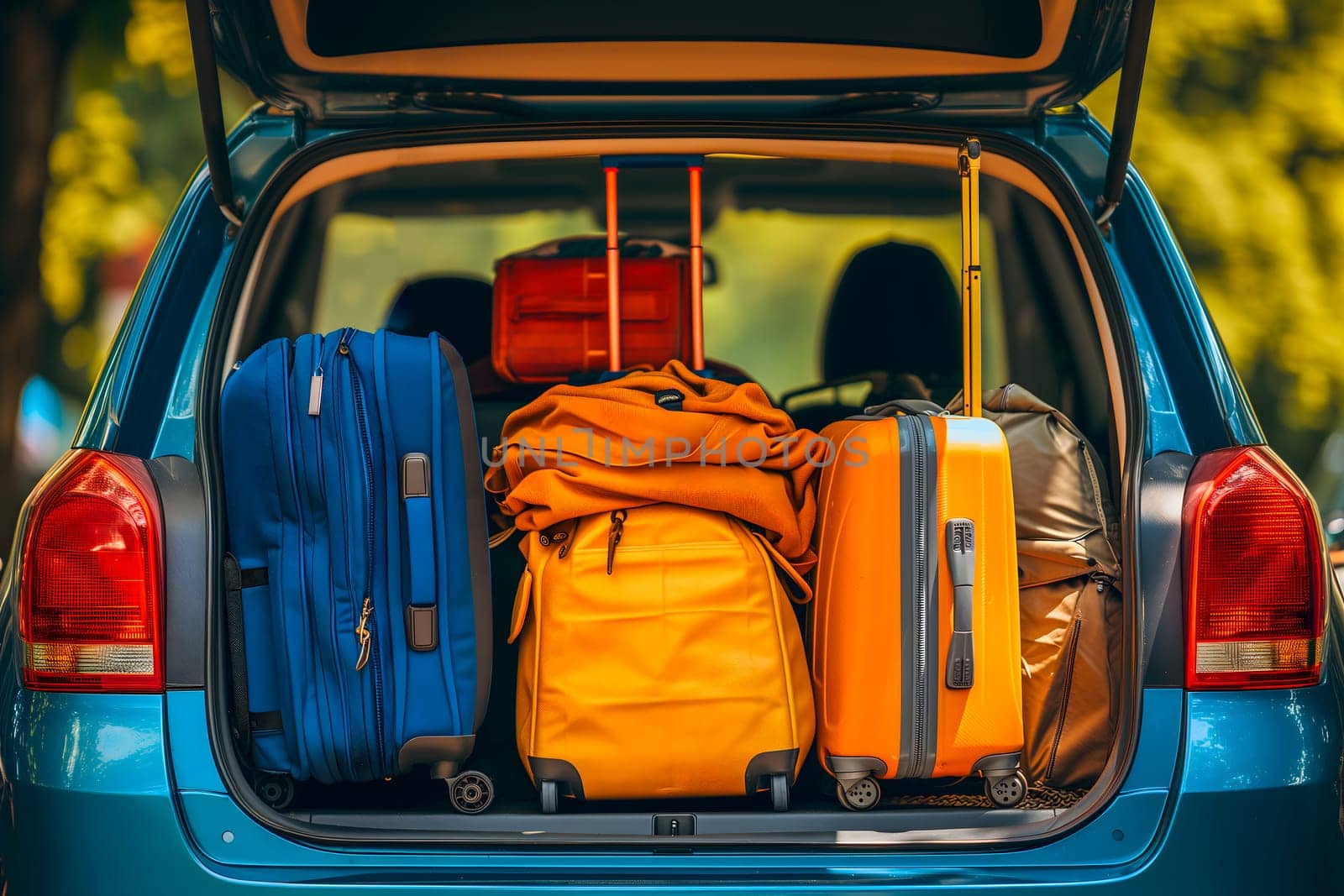 Modern SUV car trunk open and full of suitcases and bags to return from summer holidays. Neural network generated in January 2024. Not based on any actual scene or pattern.
