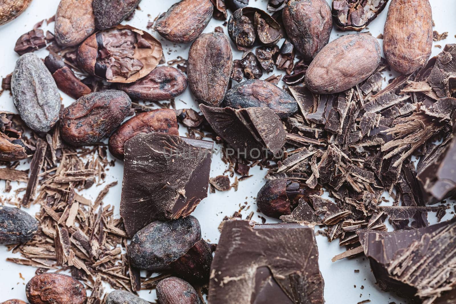 Cocoa beans with chocolate on a white background. Shalllow dof. Top view