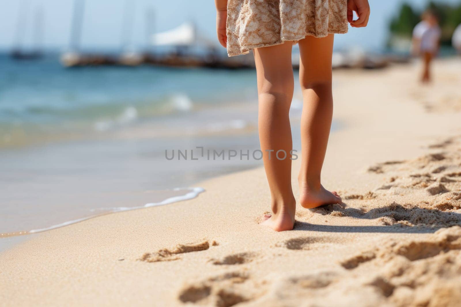 child feet standing on sandy beach . ai generated