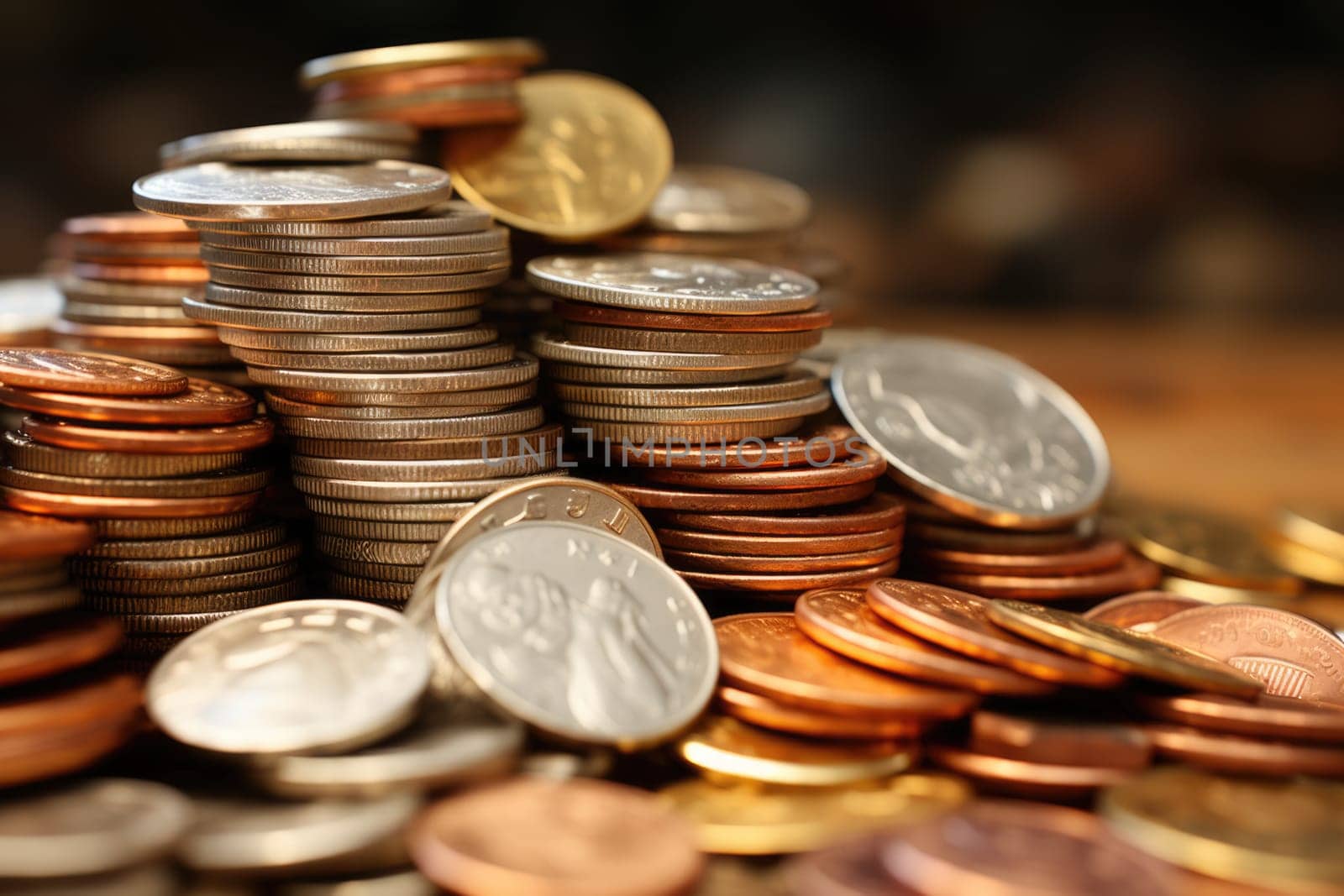 Set of gold coins on wooden background. ai generated