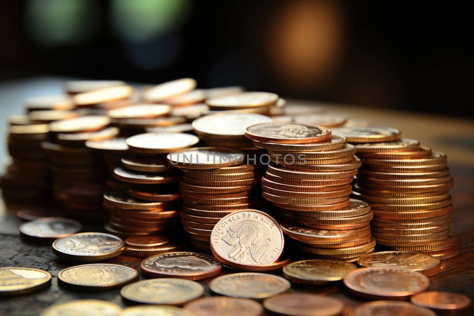 Set of gold coins on wooden background. ai generated