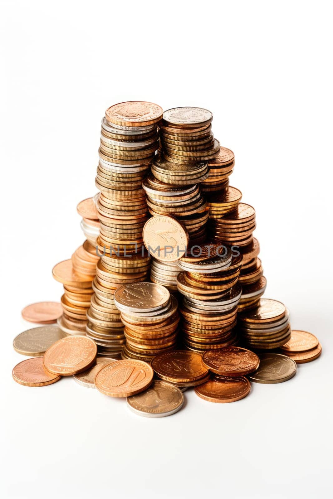 Set of gold coins isolated on white background in different positions. ai generated