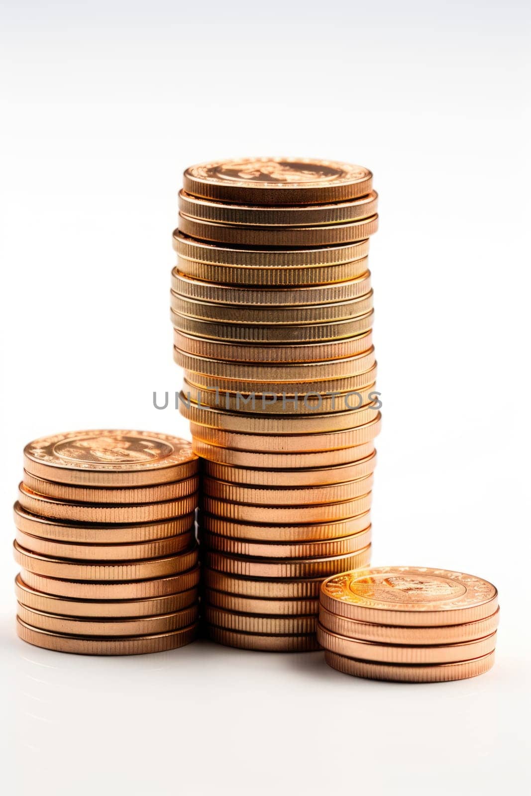 Set of gold coins isolated on white background in different positions. ai generated