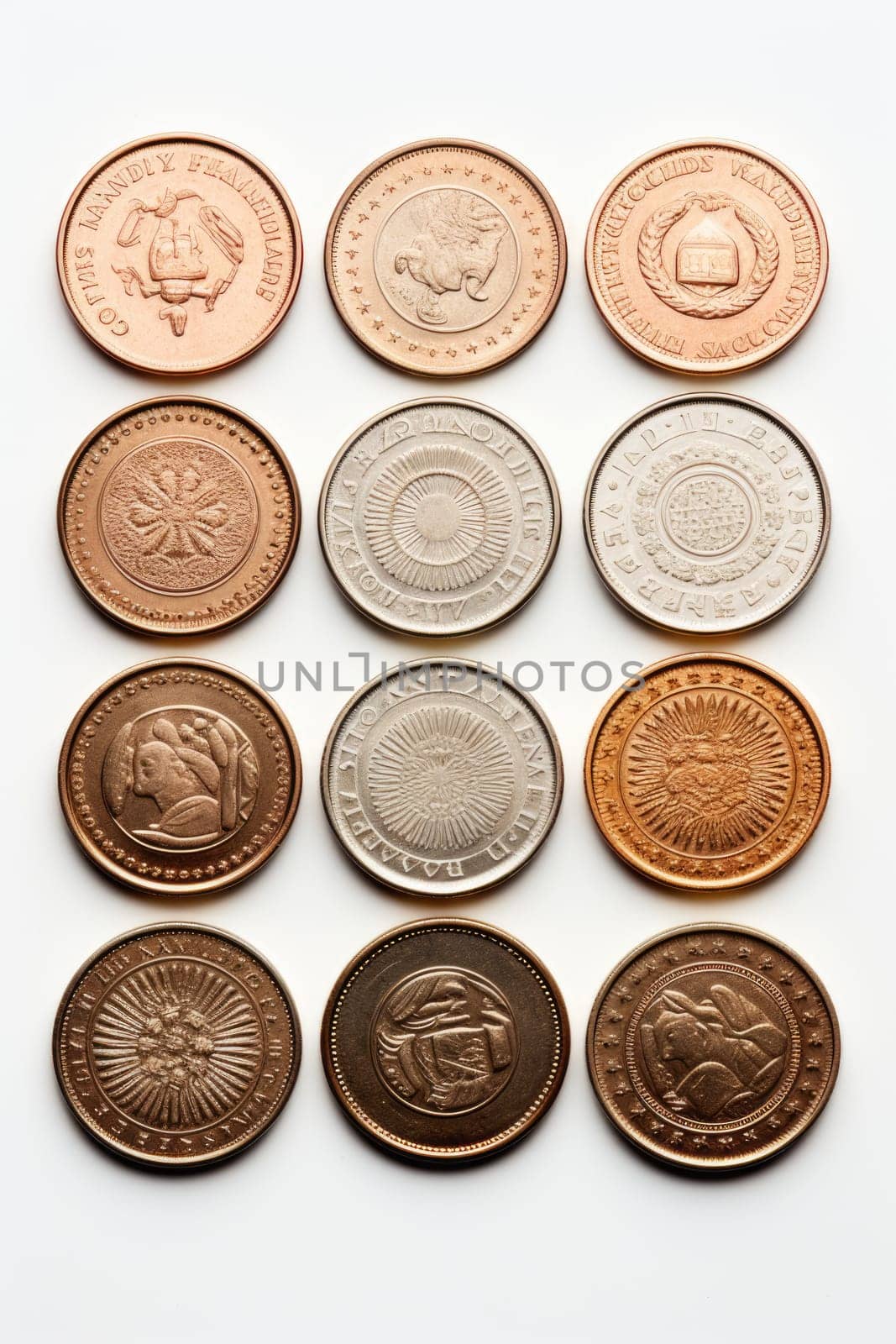 Set of gold coins isolated on white background in different positions. ai generated