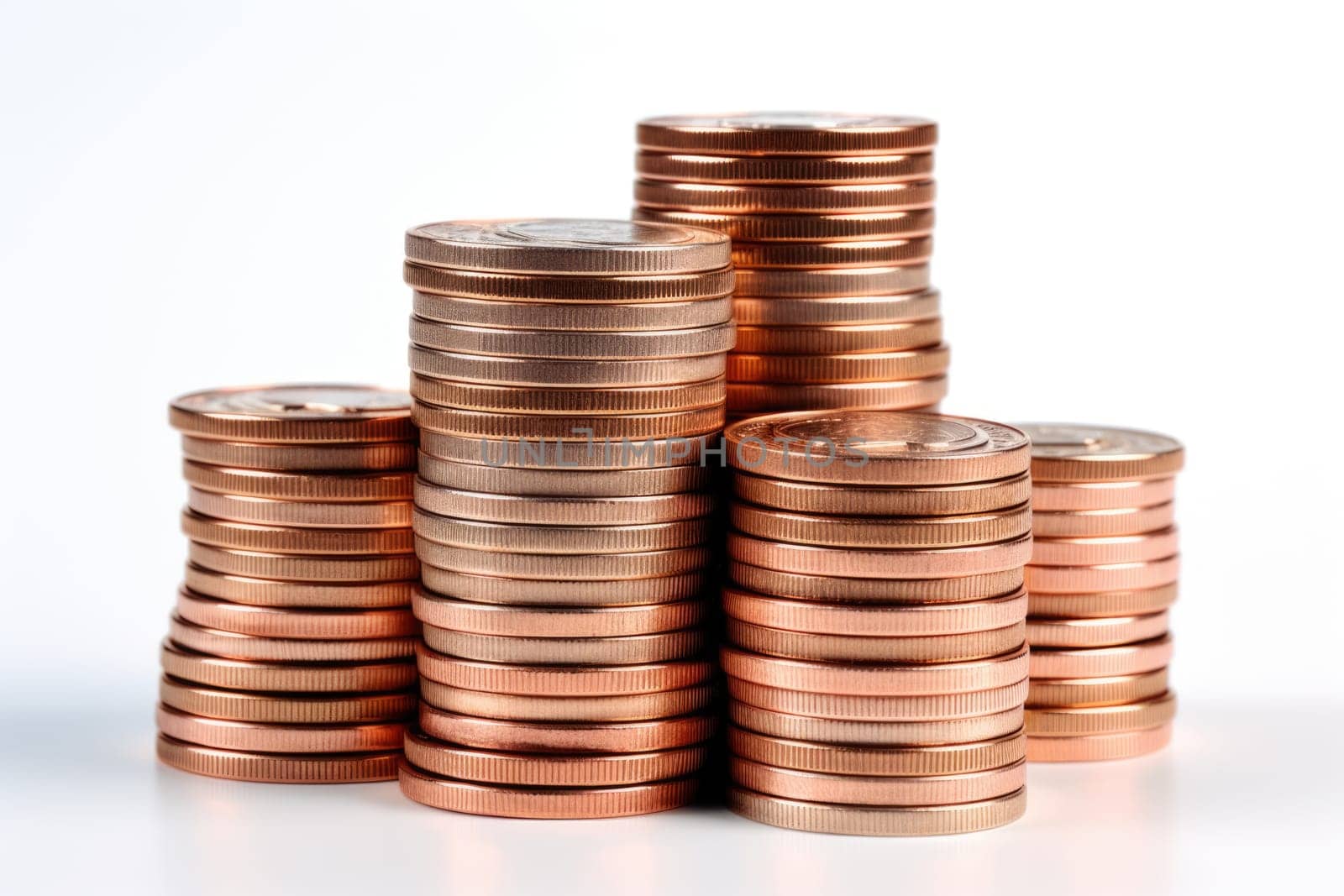 Set of gold coins isolated on white background in different positions. ai generated