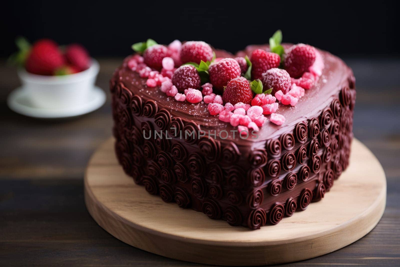 heart shaped cake with chocolate and berries. ai generated