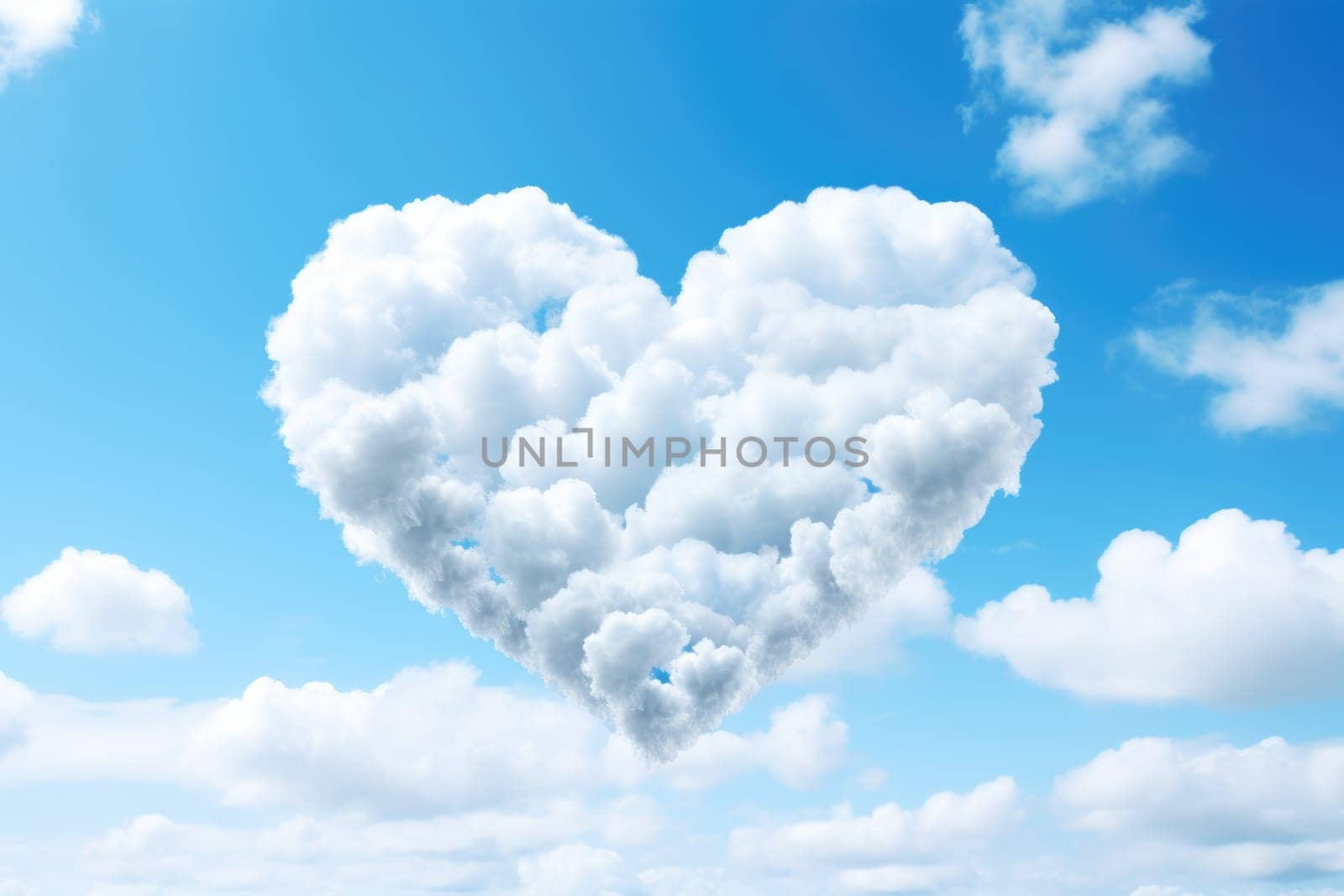 Heart shaped cloud on bright blue sky and white clouds. ai generated