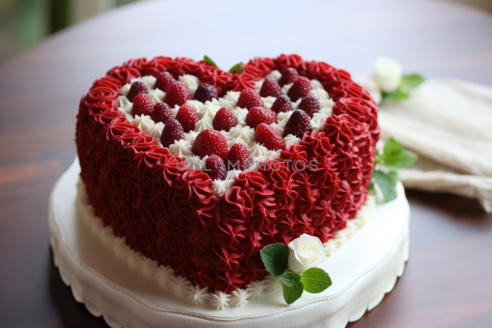 heart shaped cake with chocolate and berries. ai generated