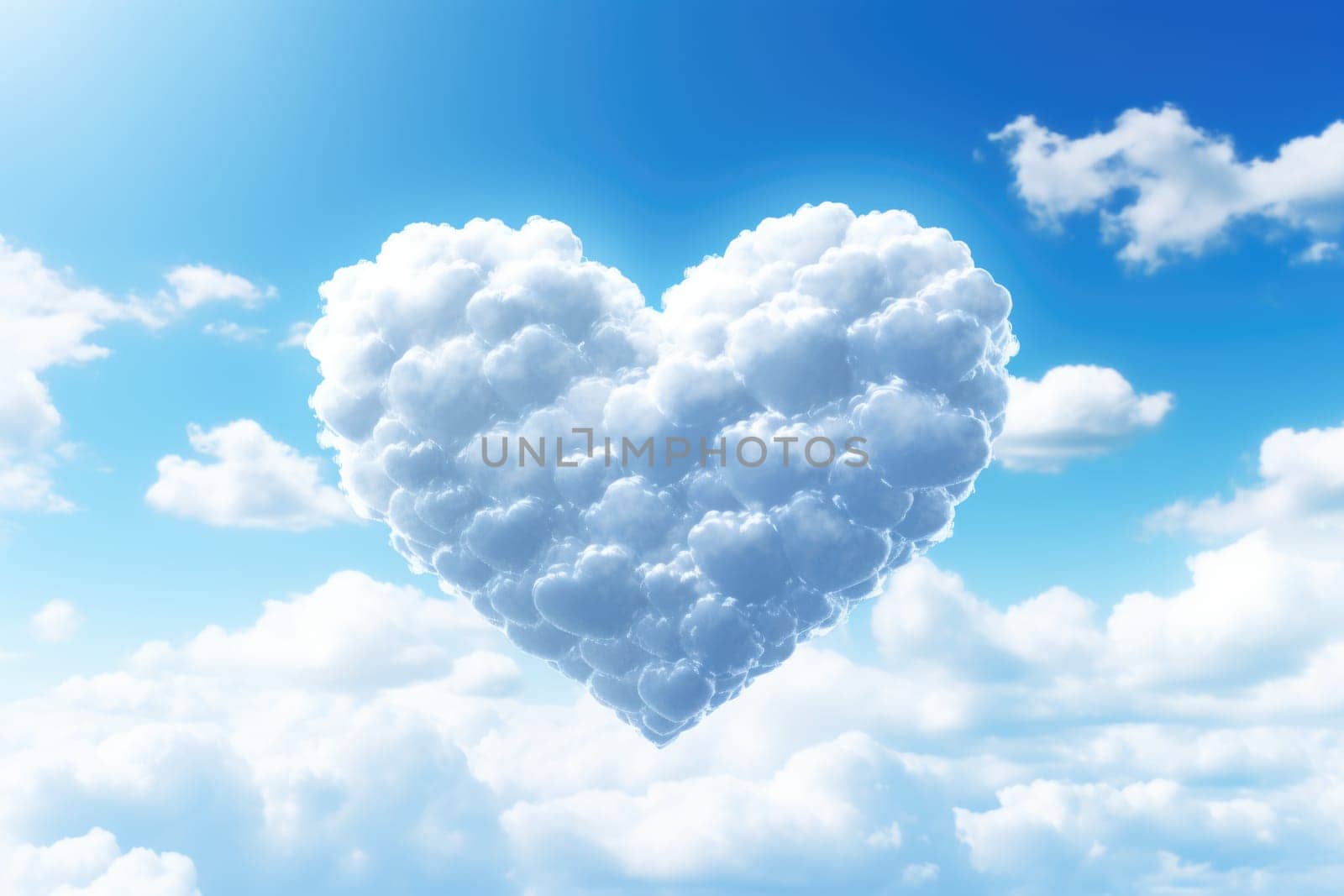 Heart shaped cloud on bright blue sky and white clouds. ai generated