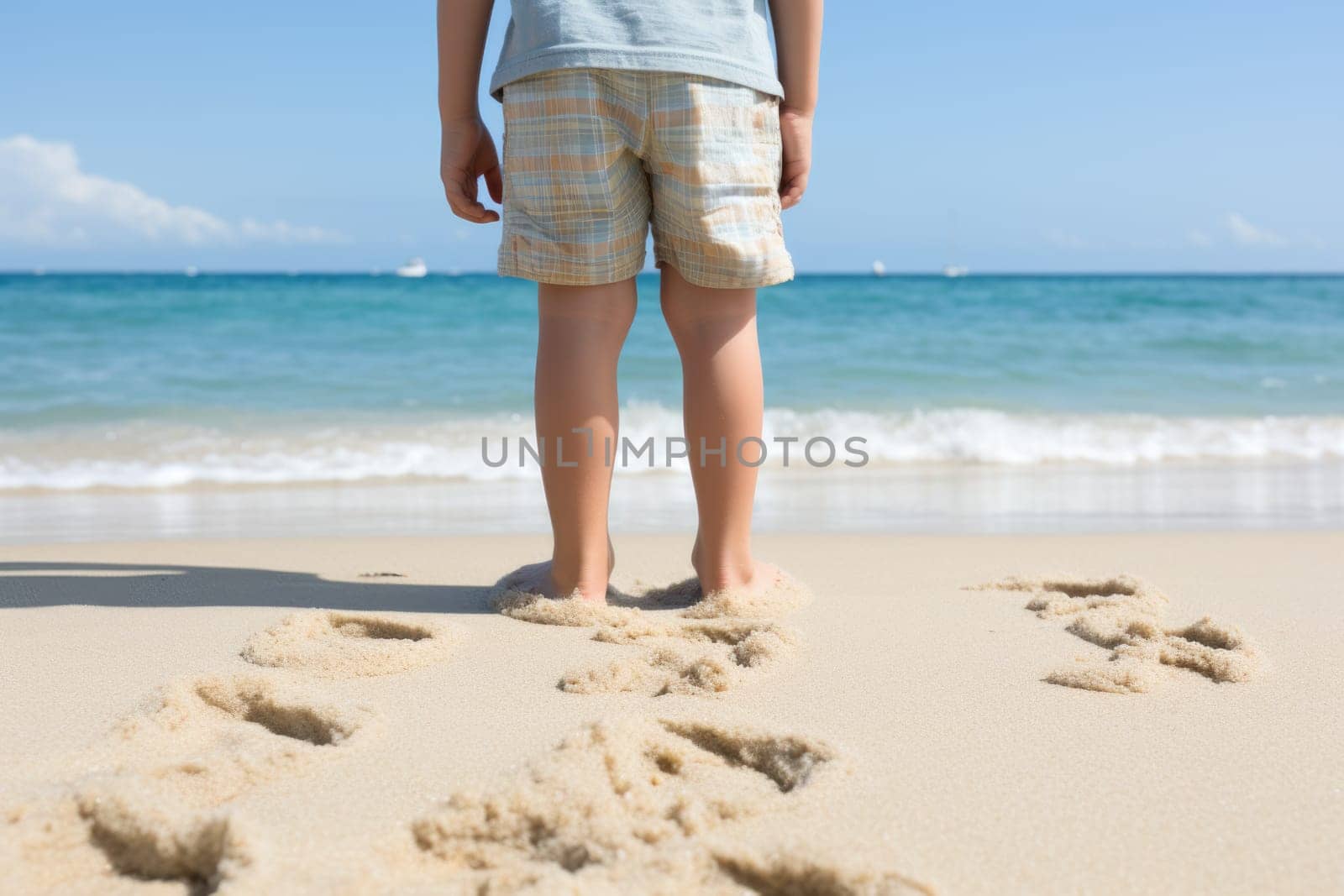 child feet standing on sandy beach . ai generated