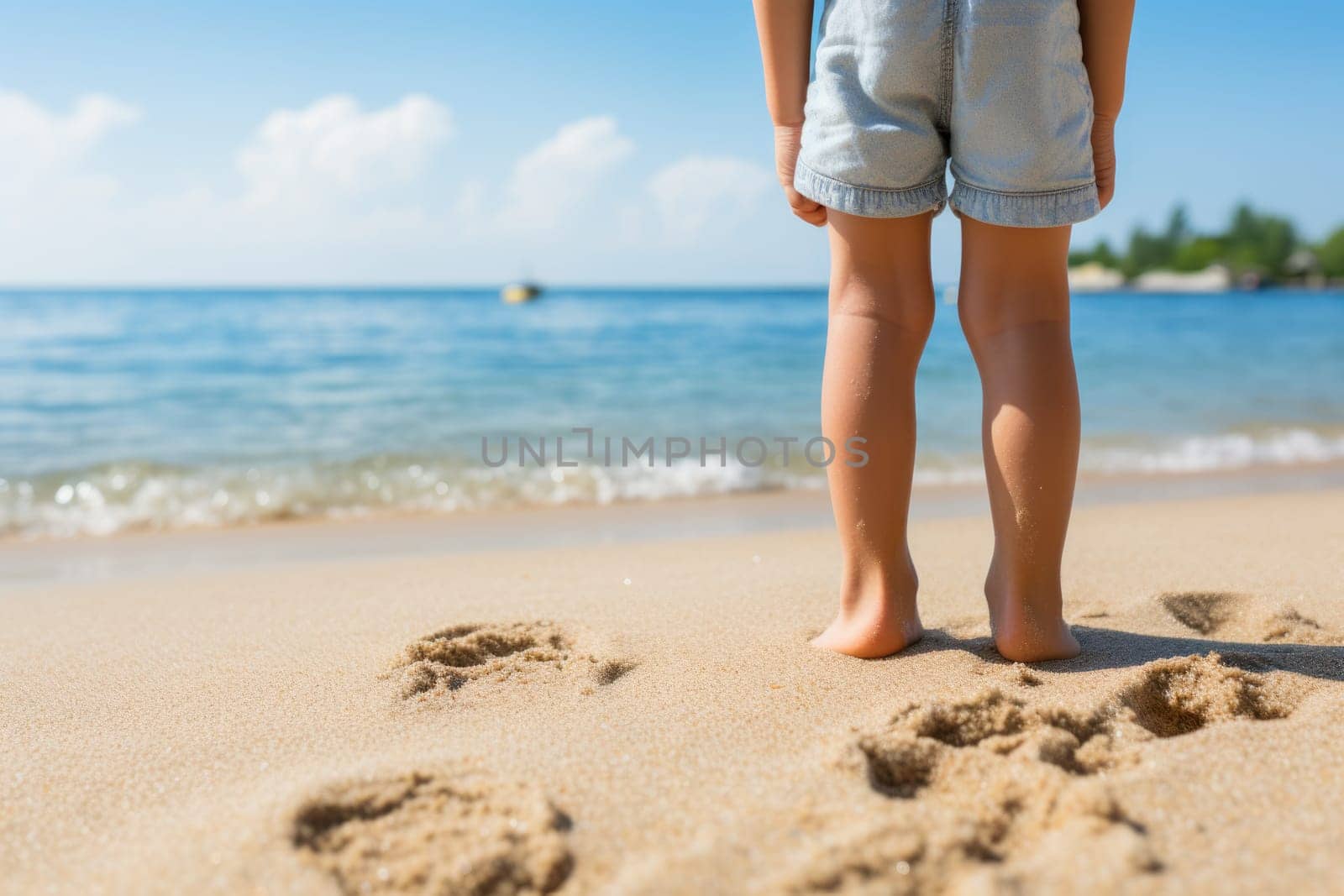 child feet standing on beach . ai generated by Desperada