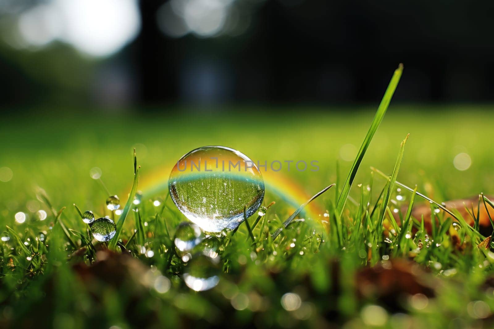 rainbow flowers and grass with droplets of water on wet ground after rain. ai generated