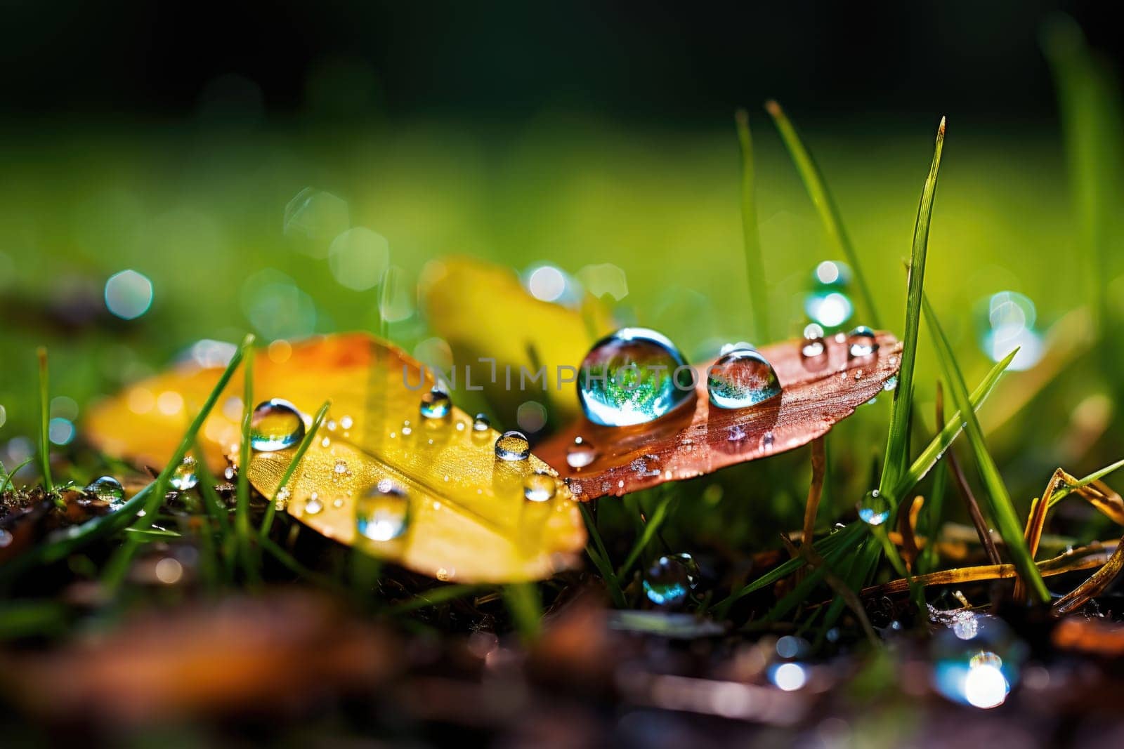 rainbow flowers and grass with droplets of water on wet ground after rain. ai generated