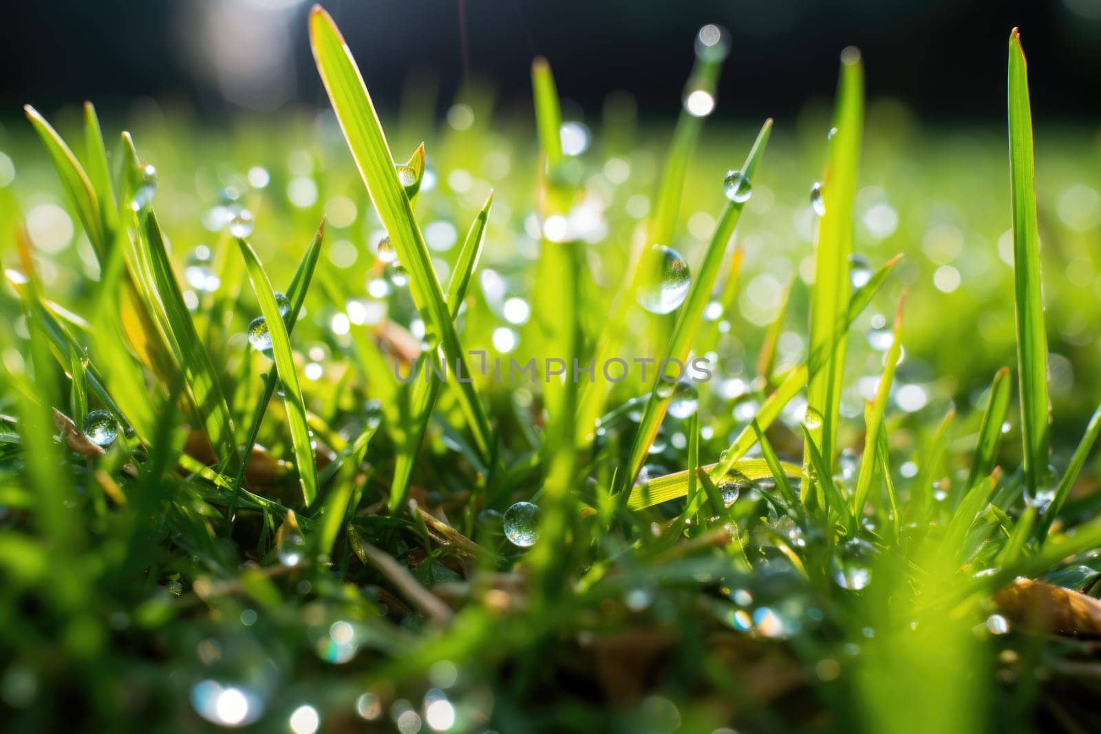 rainbow flowers and grass with droplets of water on wet ground after rain. ai generated
