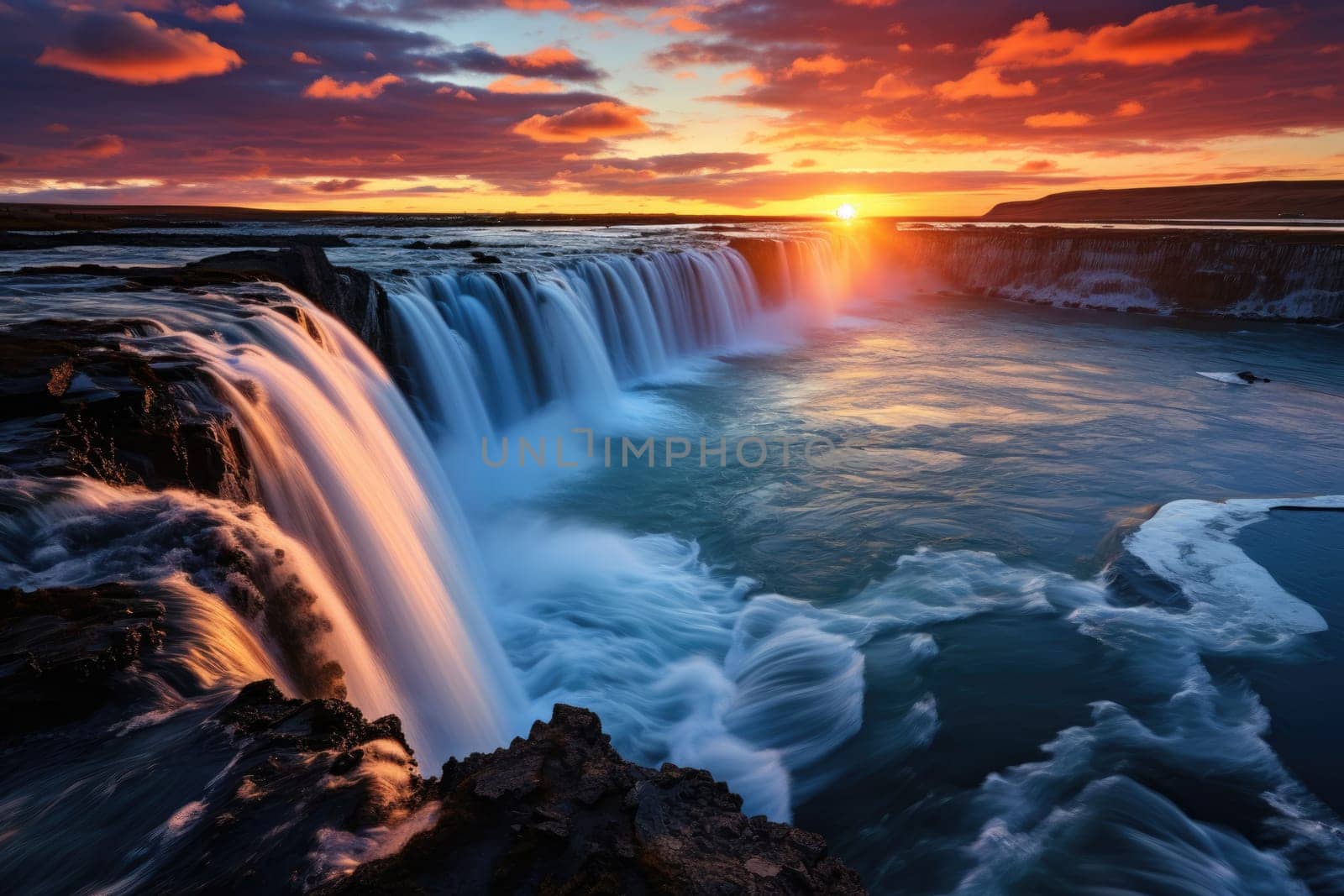 beautiful landscape with rainbow and sky . ai generated