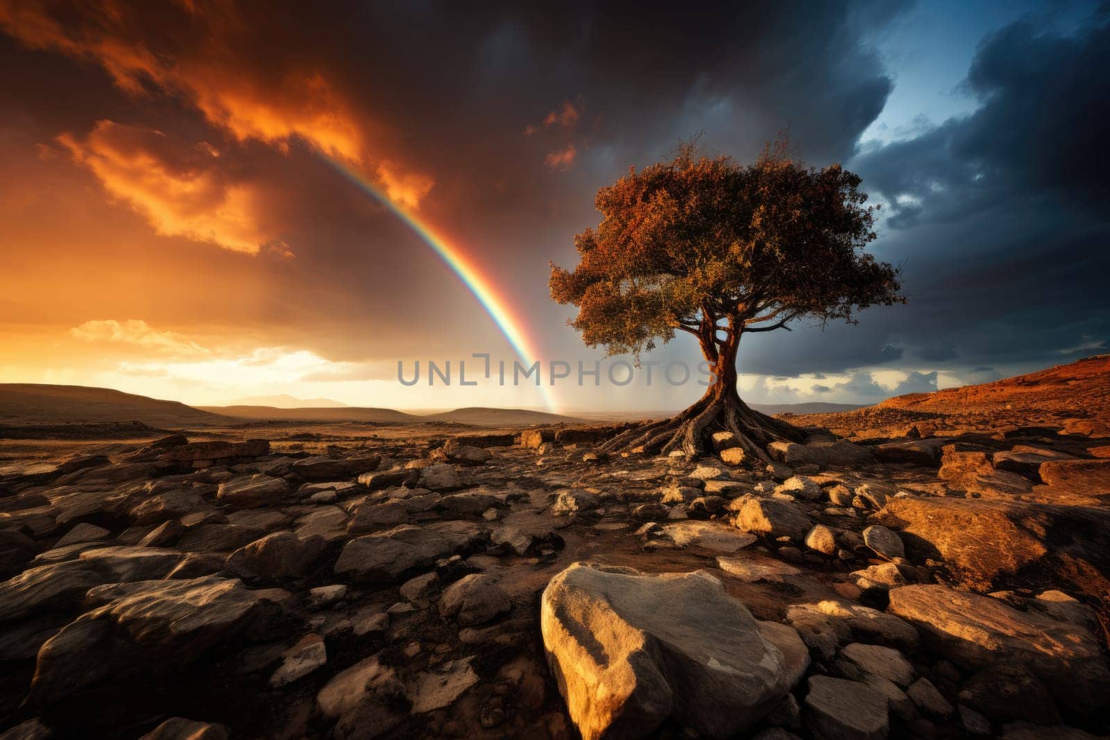 beautiful landscape with rainbow and tree. ai generated