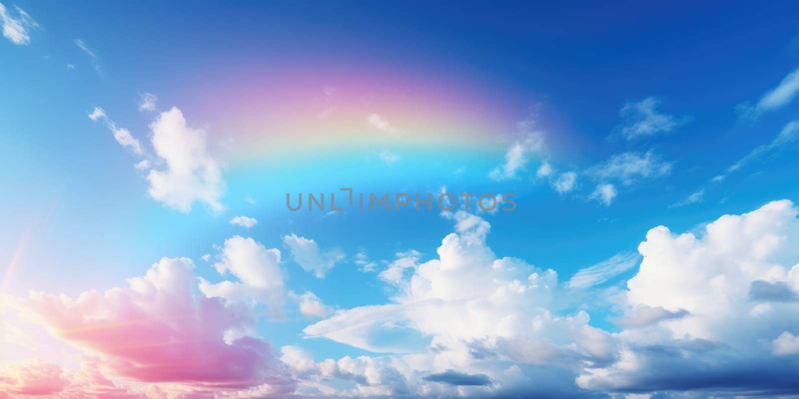 Blue sky and clouds with rainbow. ai generated