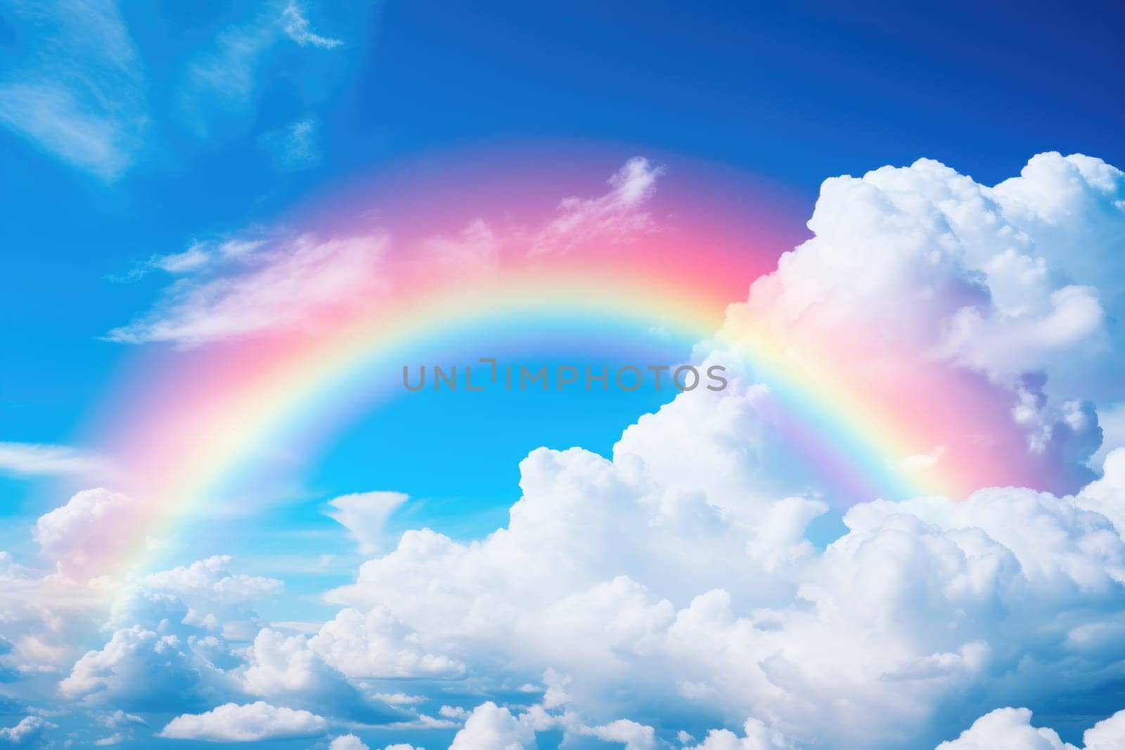 Blue sky and clouds with rainbow. ai generated
