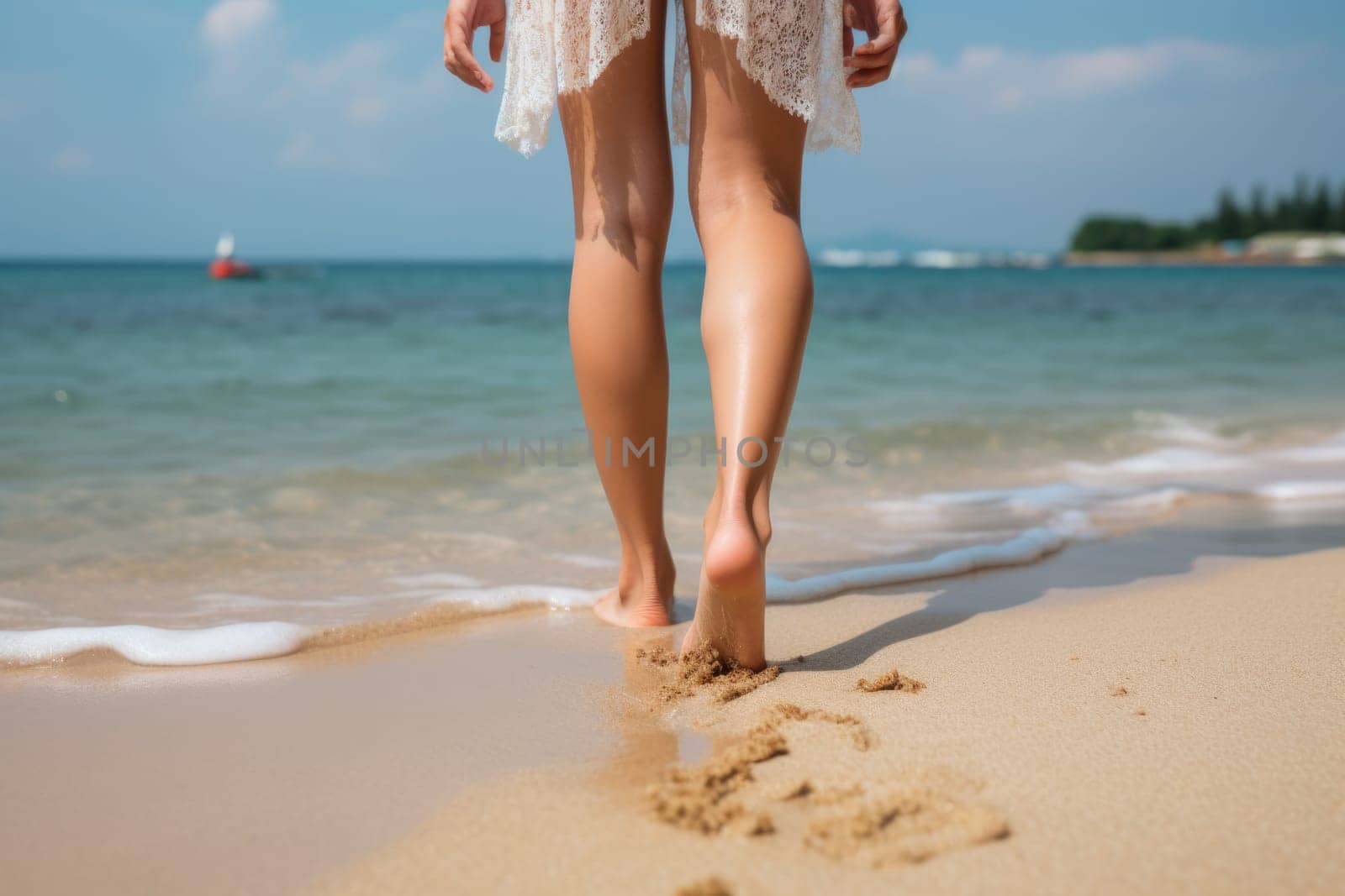 woman feet standing sandy beach. ai generated by Desperada