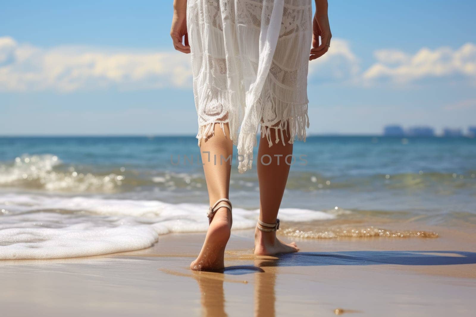 woman feet standing sandy beach. ai generated by Desperada