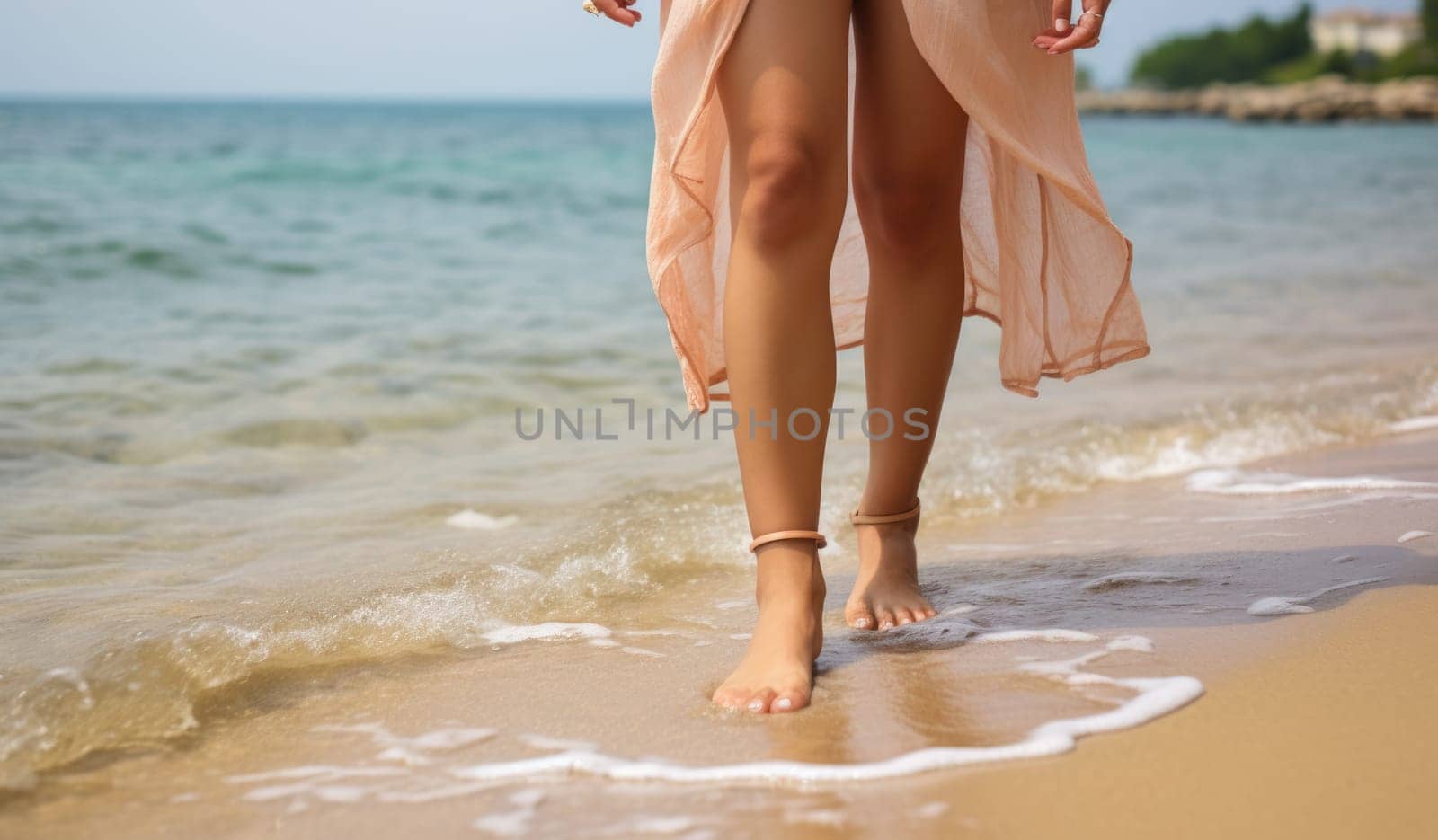 woman feet standing sandy beach. ai generated by Desperada