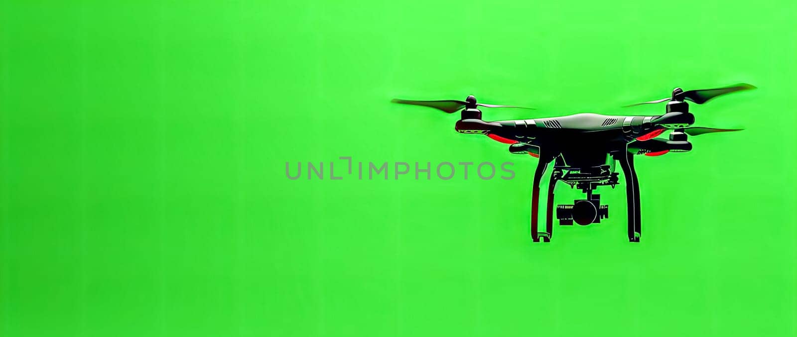 A drone hovering above a green screen table with electric blue liquid, copy space by Edophoto
