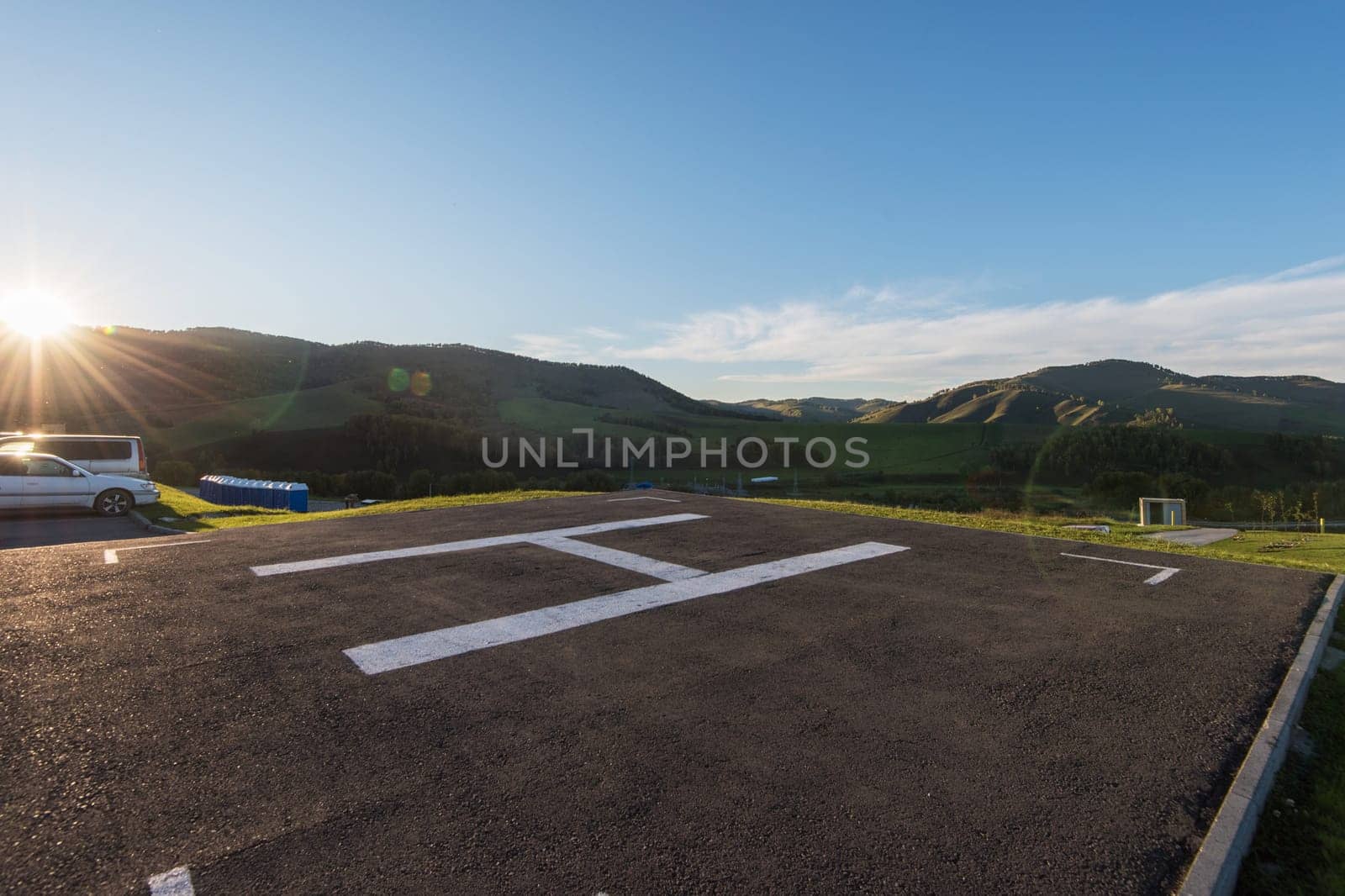 Helicopter pad on Altai mountains in summer season.