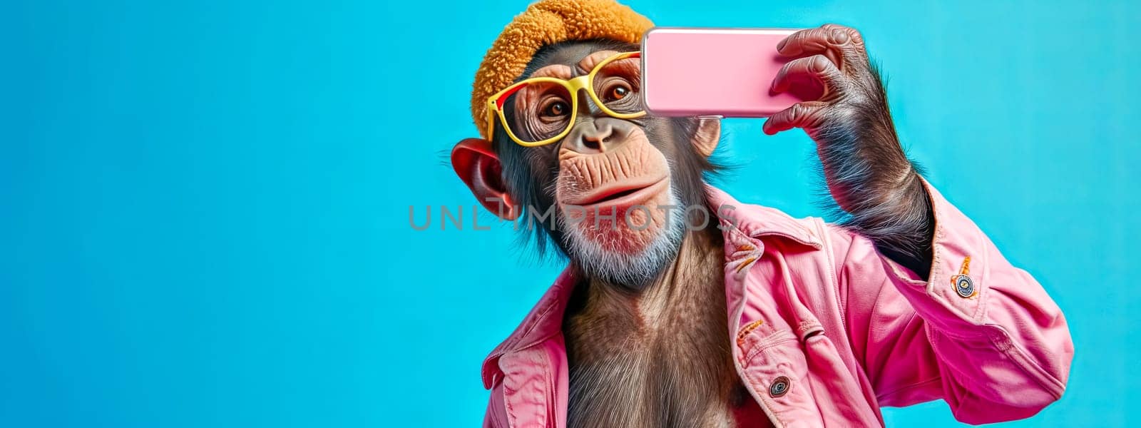 A chimpanzee is wearing electric blue goggles and a magenta cap while taking a selfie with a cell phone, showcasing the importance of vision care and eyewear in leisure activities