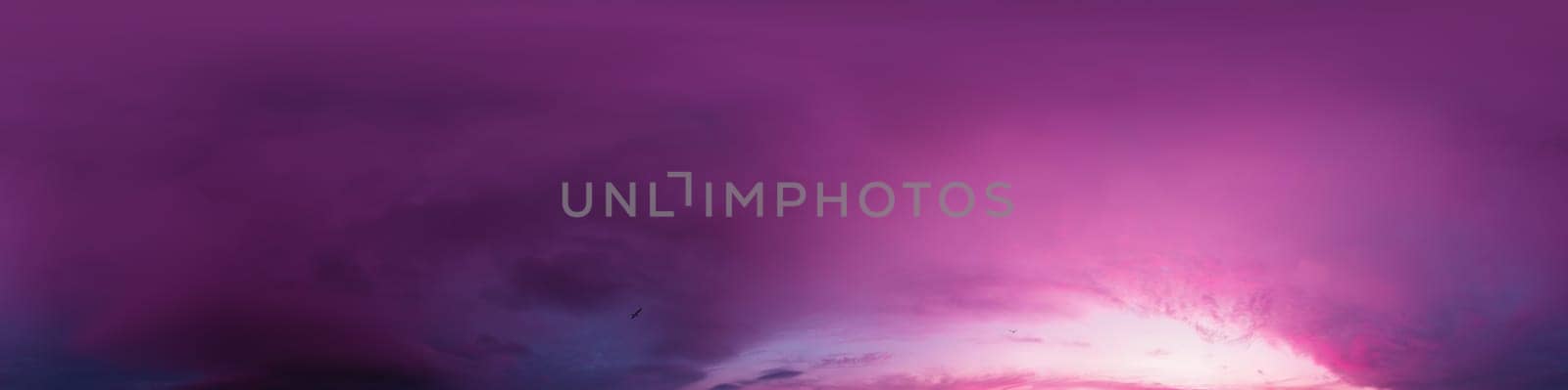 Sunset sky panorama with bright glowing pink Cumulus clouds. HDR 360 seamless spherical panorama. Full zenith or sky dome for 3D visualization, sky replacement for aerial drone panoramas. by Matiunina