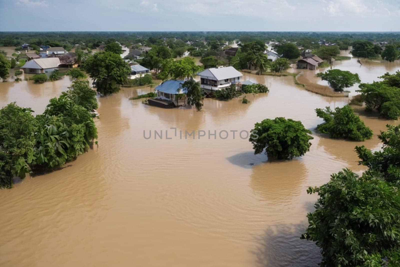 Flooded villages and forests after a flood. Consequences of global warming