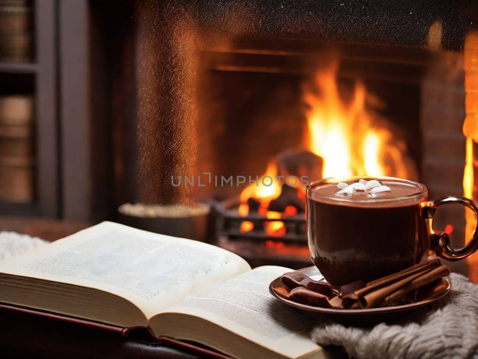 Cup of coffee and book on plaid near fireplace indoors. Cozy atmosphere by Ekaterina34