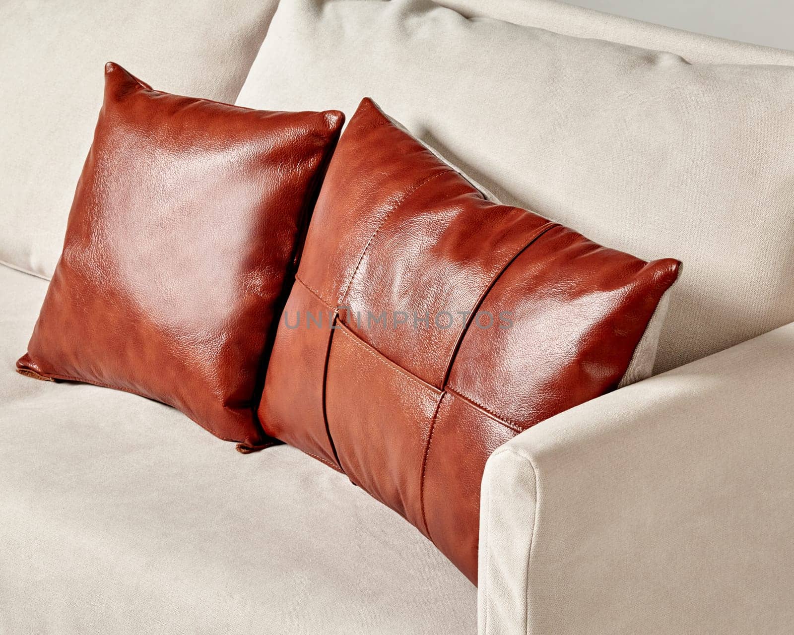 Brown leather pillows complementing modern light-grey sofa by nazarovsergey