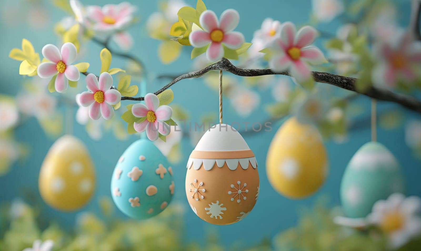 3D, cartoon Easter eggs hanging on tree branches. by Fischeron