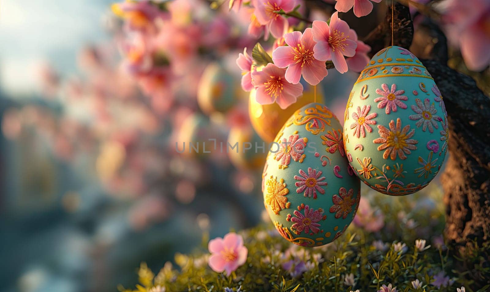 3D, cartoon Easter eggs hanging on tree branches. by Fischeron