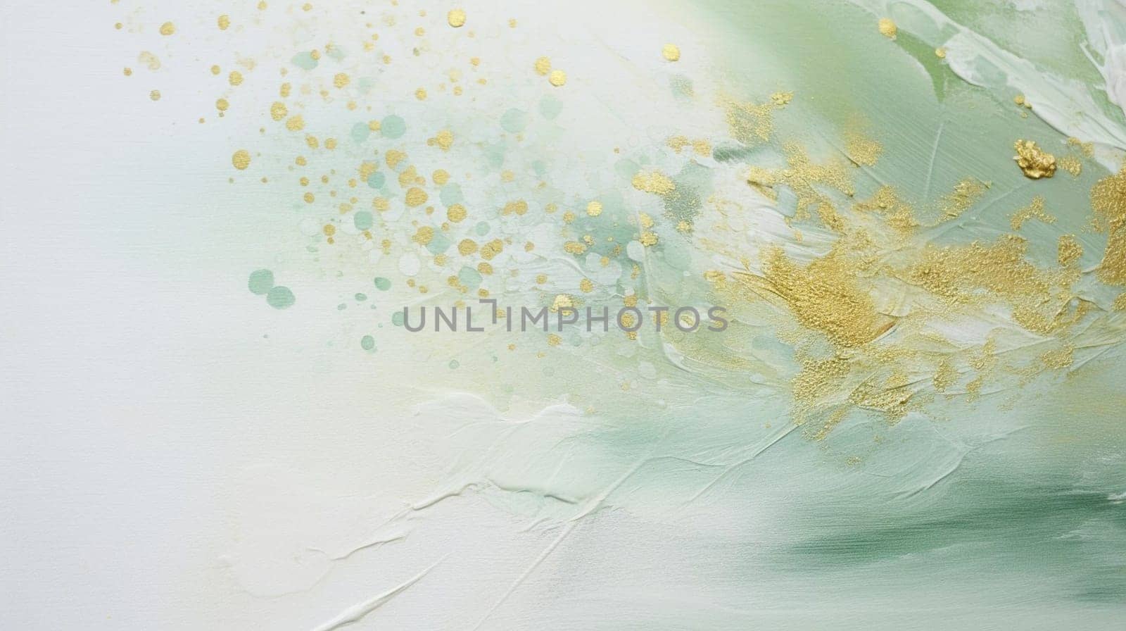 A macro photograph capturing the intricate patterns of a liquid green and gold painting on a white background, showcasing the fluidity and transparency of the art