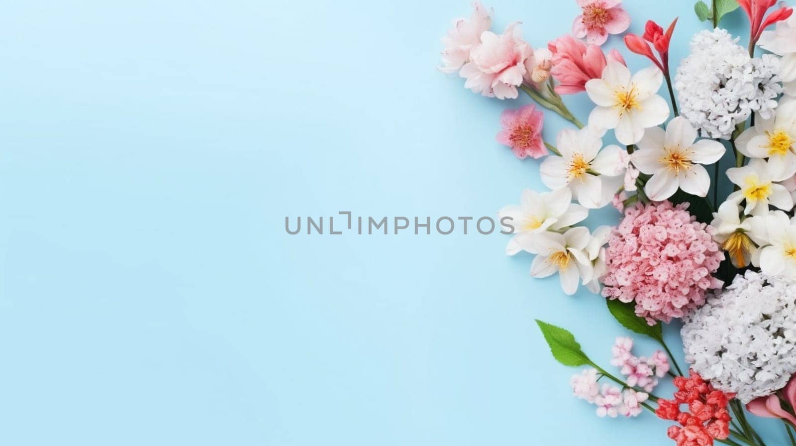 A beautiful bouquet of pink and white flowers arranged creatively on a blue background, resembling a piece of art in the sky. The delicate petals and twigs make a stunning display of cut flowers
