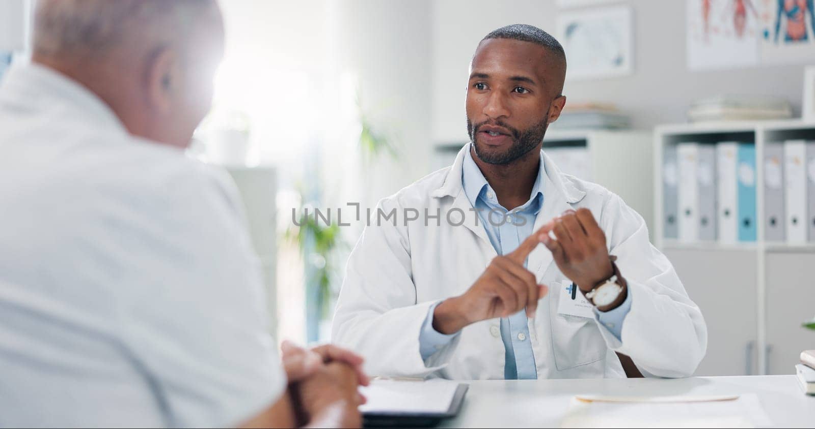 Doctor, patient and consultation with conversation for healthcare, people in office with advice or instructions for medication. Treatment, medical info and elderly care with communication at clinic.