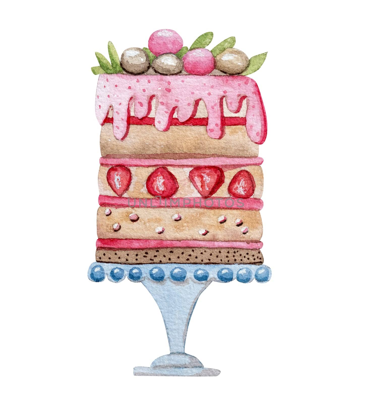Hand-Drawn Watercolor Illustration Of A Festive Cake For A Birthday, Valentine'S Day, Or Another Holiday