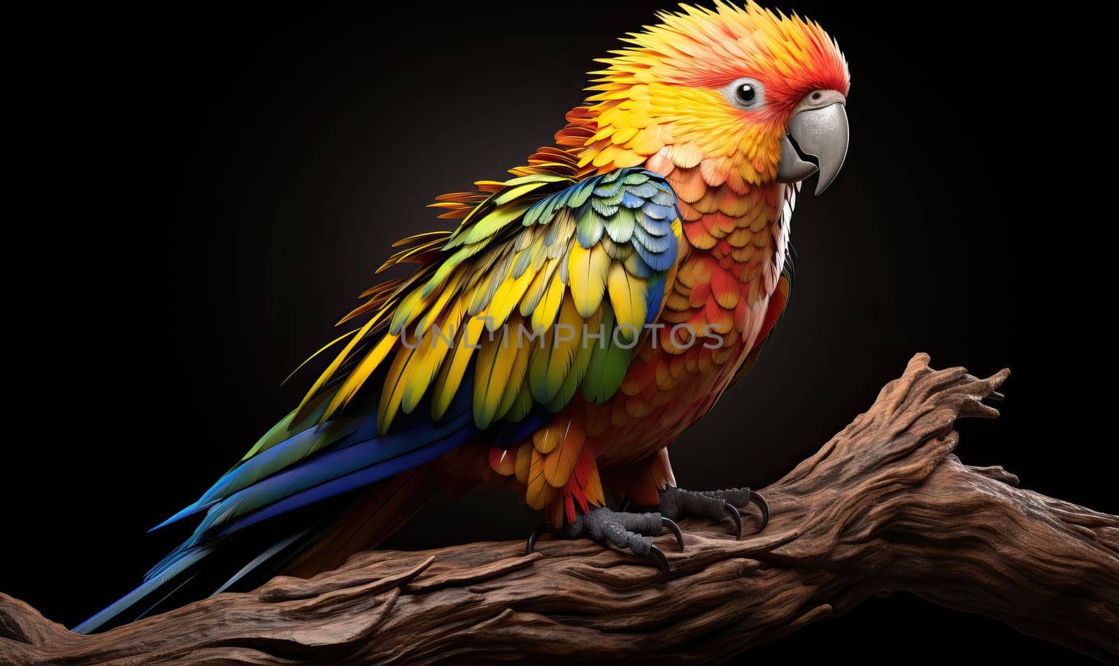 A colorful parrot sits on a branch. Selective soft focus