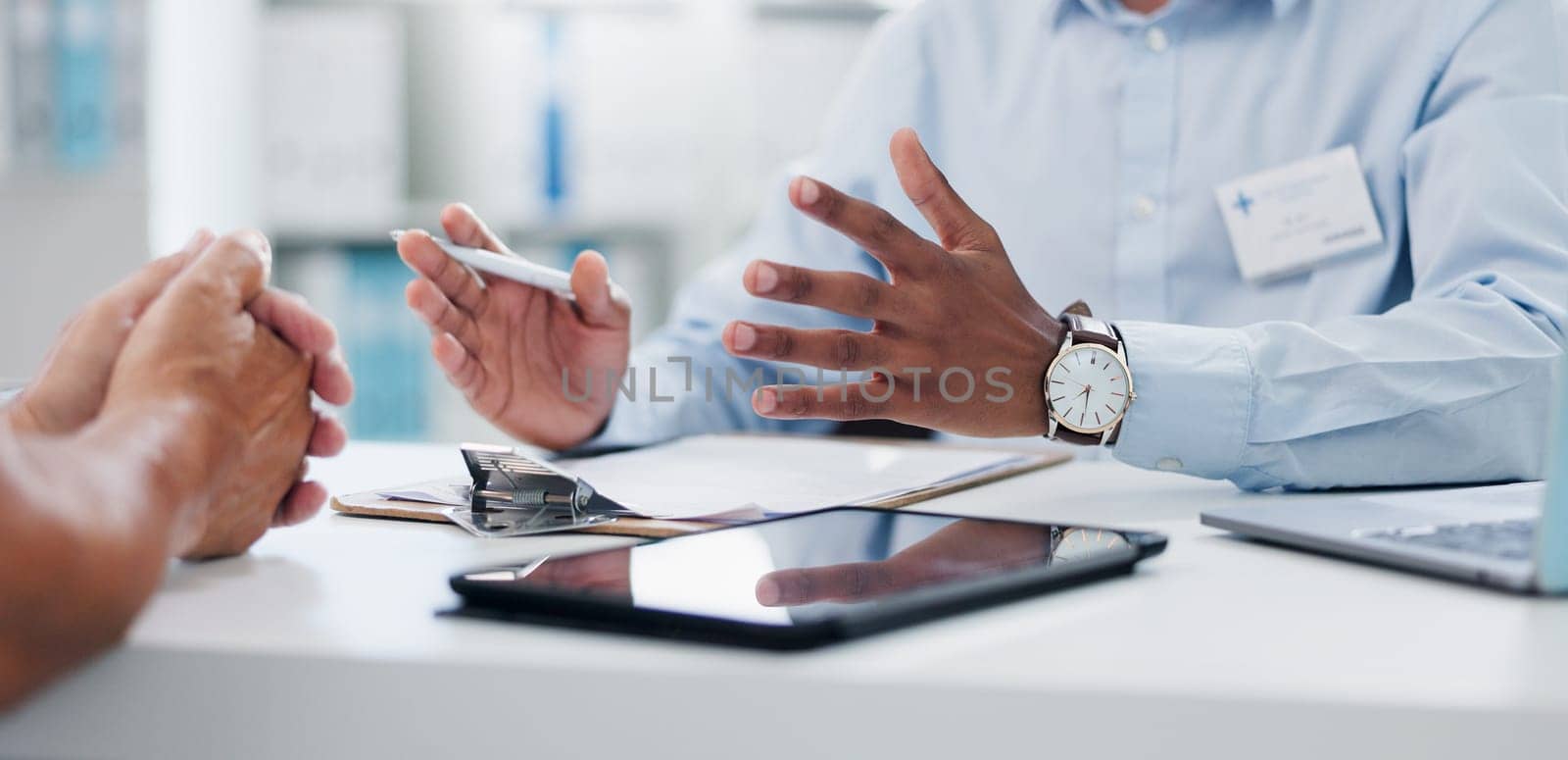 Hands, doctor and patient with clipboard for results, insurance paperwork and tablet for healthcare. People, medic and checklist with pen in consultation, counselling or discussion in hospital office.